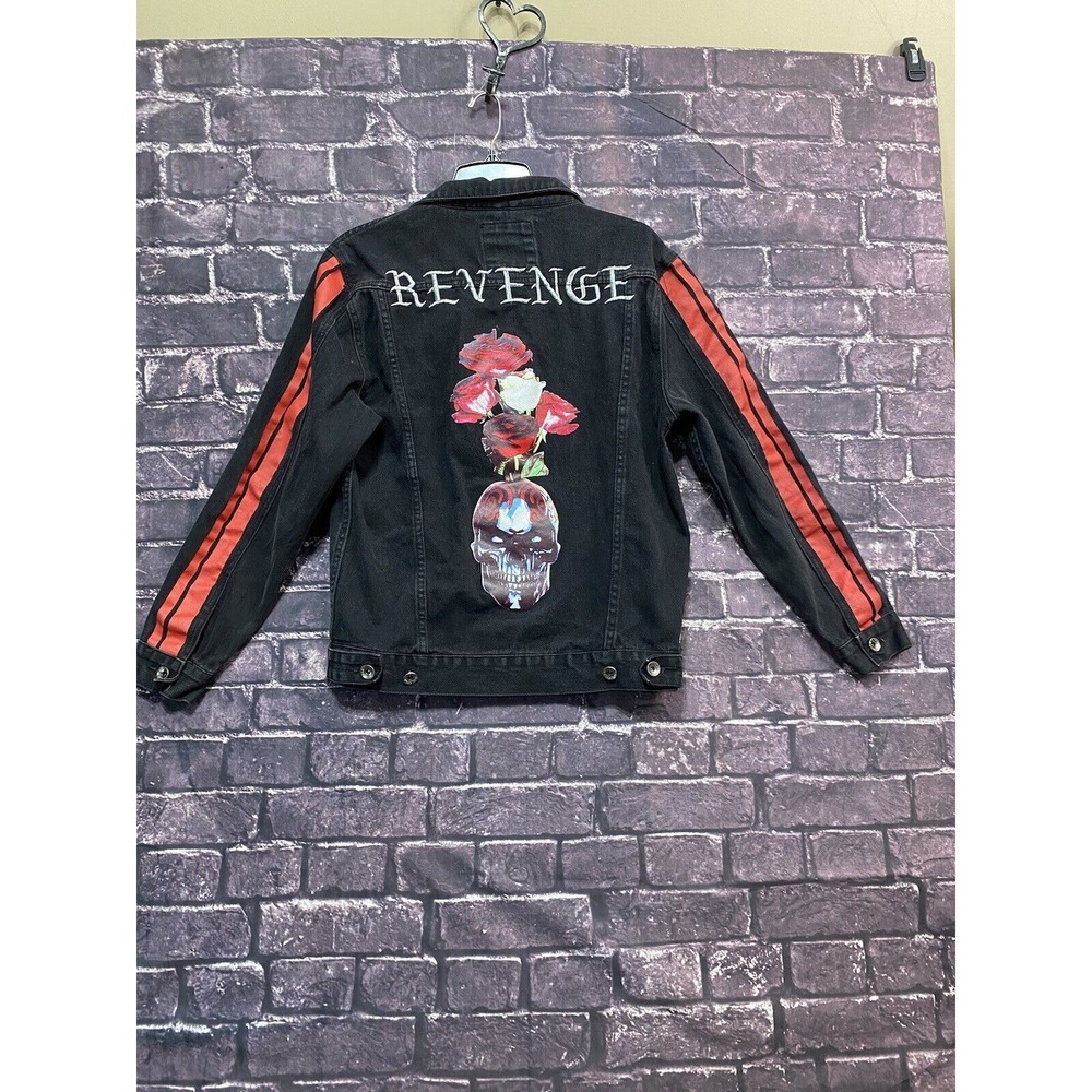 Hudson Outerwear Revenge Jacket Mens Large Black Denim‎ Red Stripes Skull Roses